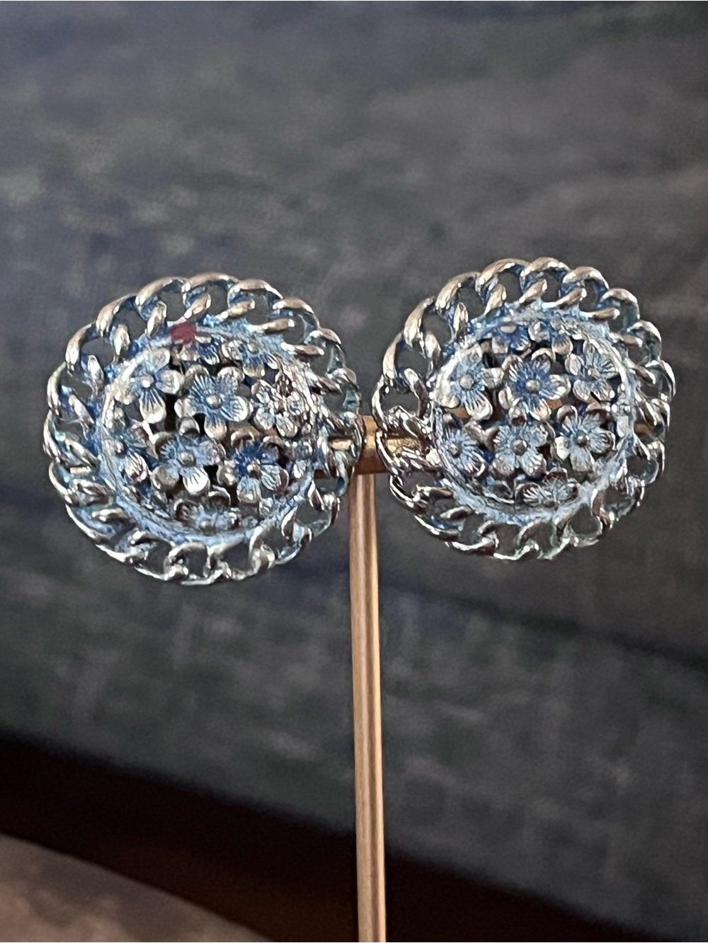 Silver and Blue Floral Cherry Blossom Filigree Button Earrings